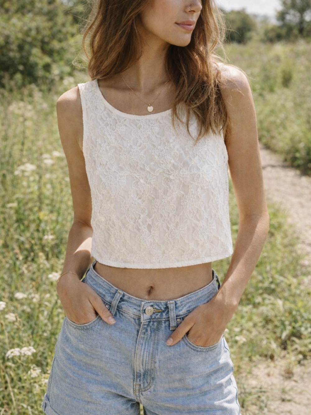 White Lace Crop‎ Top Floral Sleeveless Cottagecore Summer Blouse Size S M
